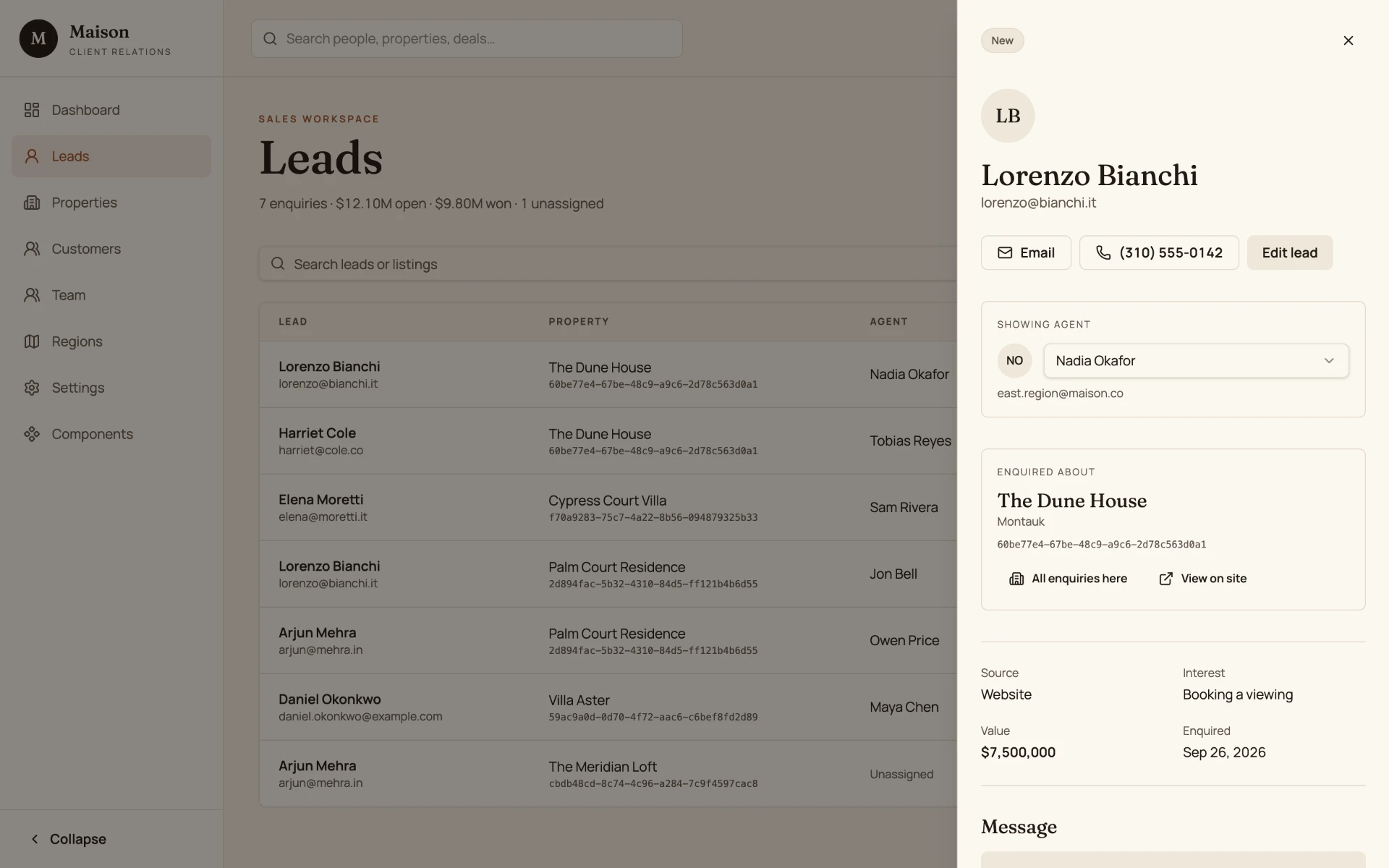 Maison CRM lead detail panel