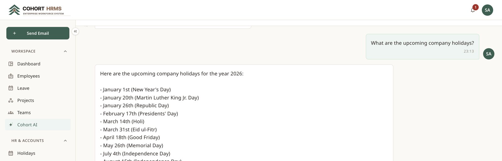 Cohort AI answering a question from the company's own holiday calendar