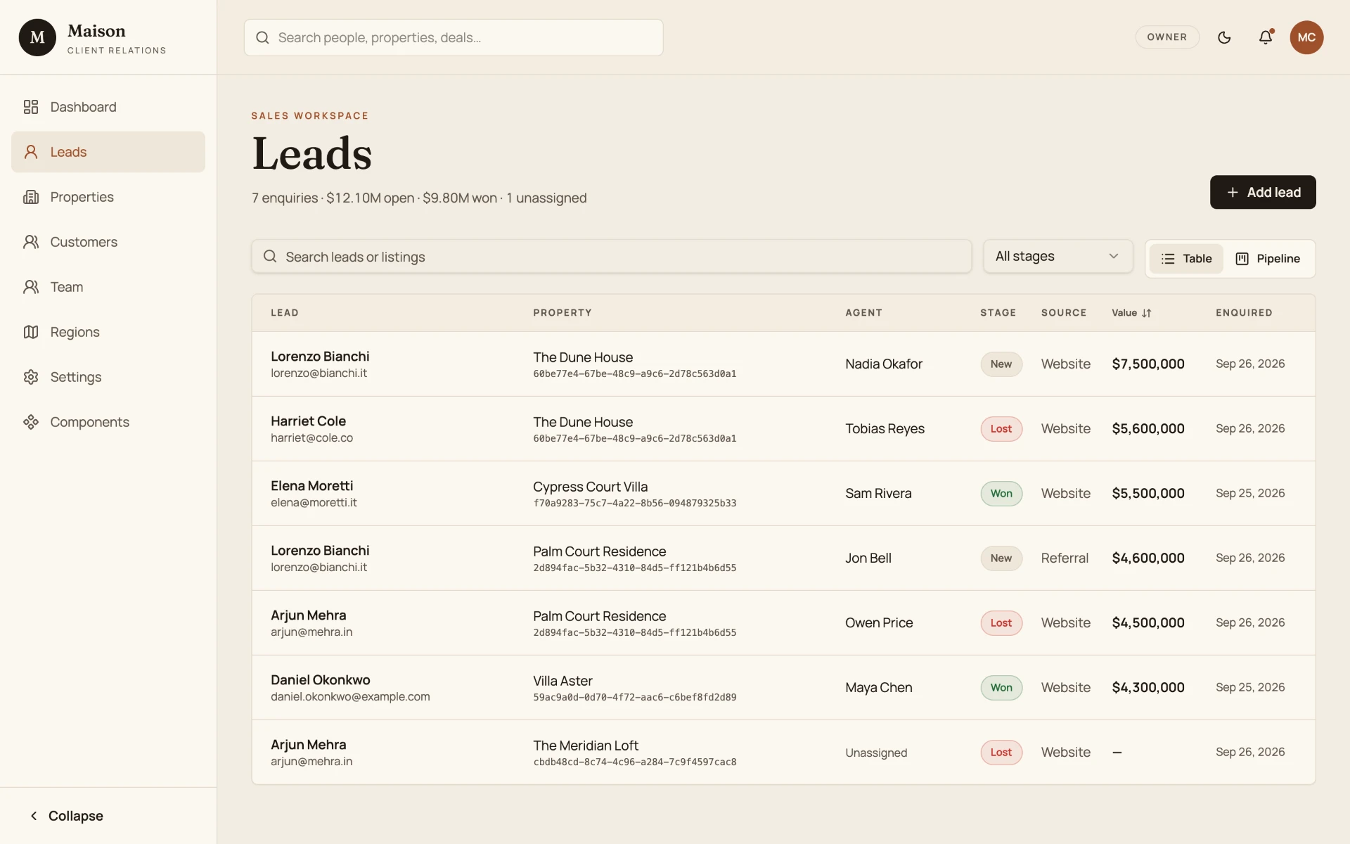 Maison CRM real estate leads table