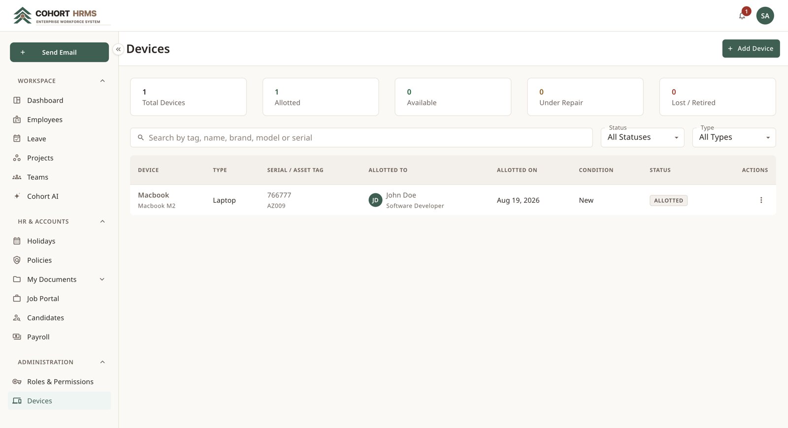 Devices — live counts by status, with the register searchable below.