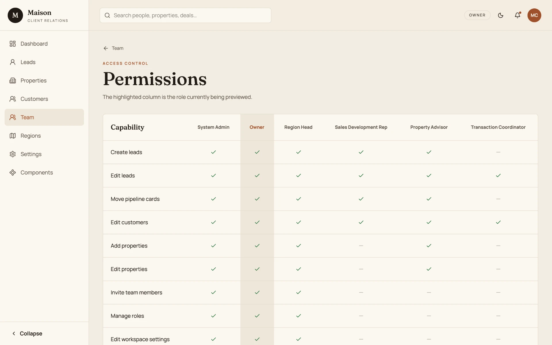 Maison CRM role permission matrix