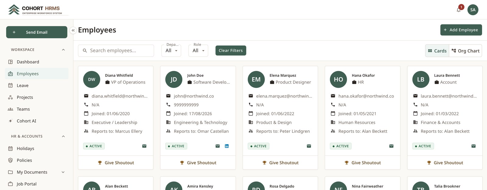 Employee directory — filterable by department, role and status.